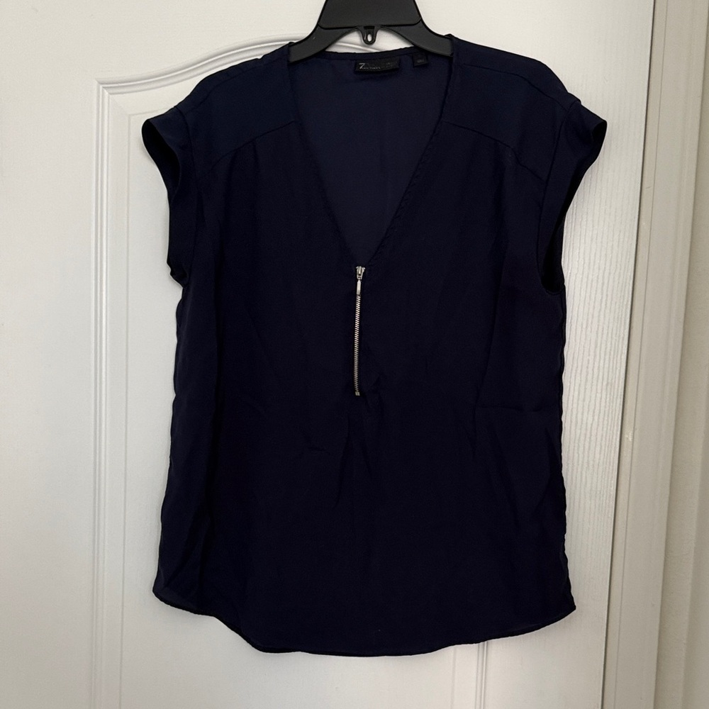 Elegant Navy Blouse with Zipper Accent